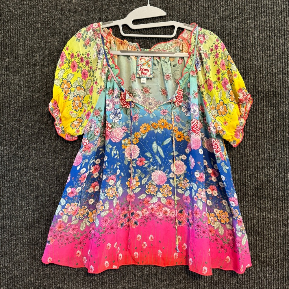 Johnny Was Multicolor Ombre Floral Puff Sleeve Blouse M